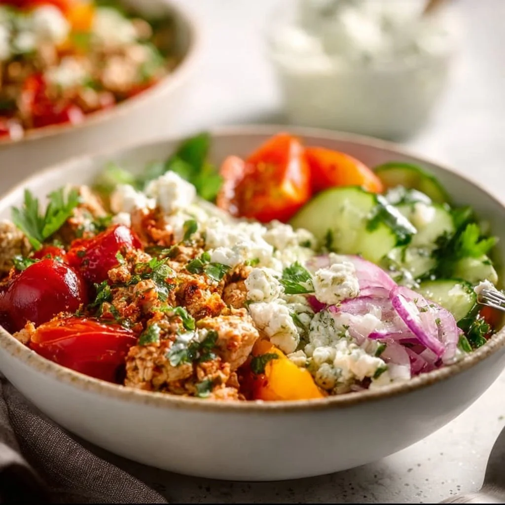 Mediterranean Turkey Bowl filled with fresh vegetables and grains