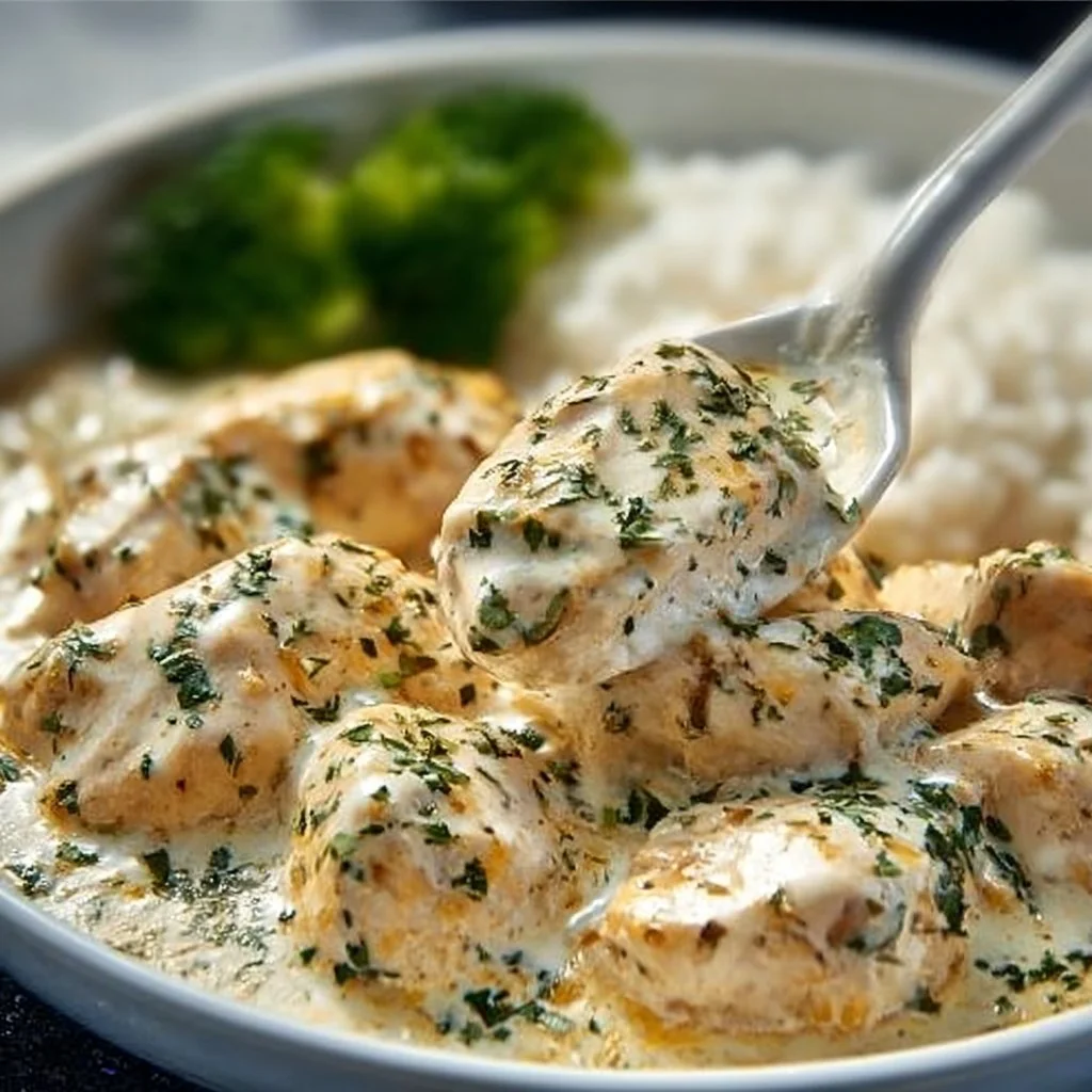 Delicious creamy ranch chicken cooked in a CrockPot with herbs and spices.