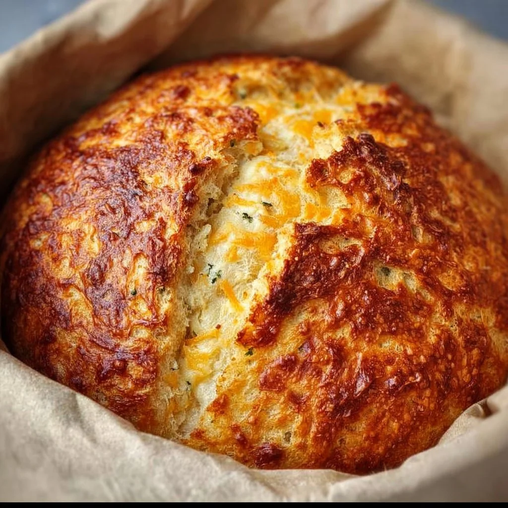 No knead cheddar bread baked in a Dutch oven, golden and crusty