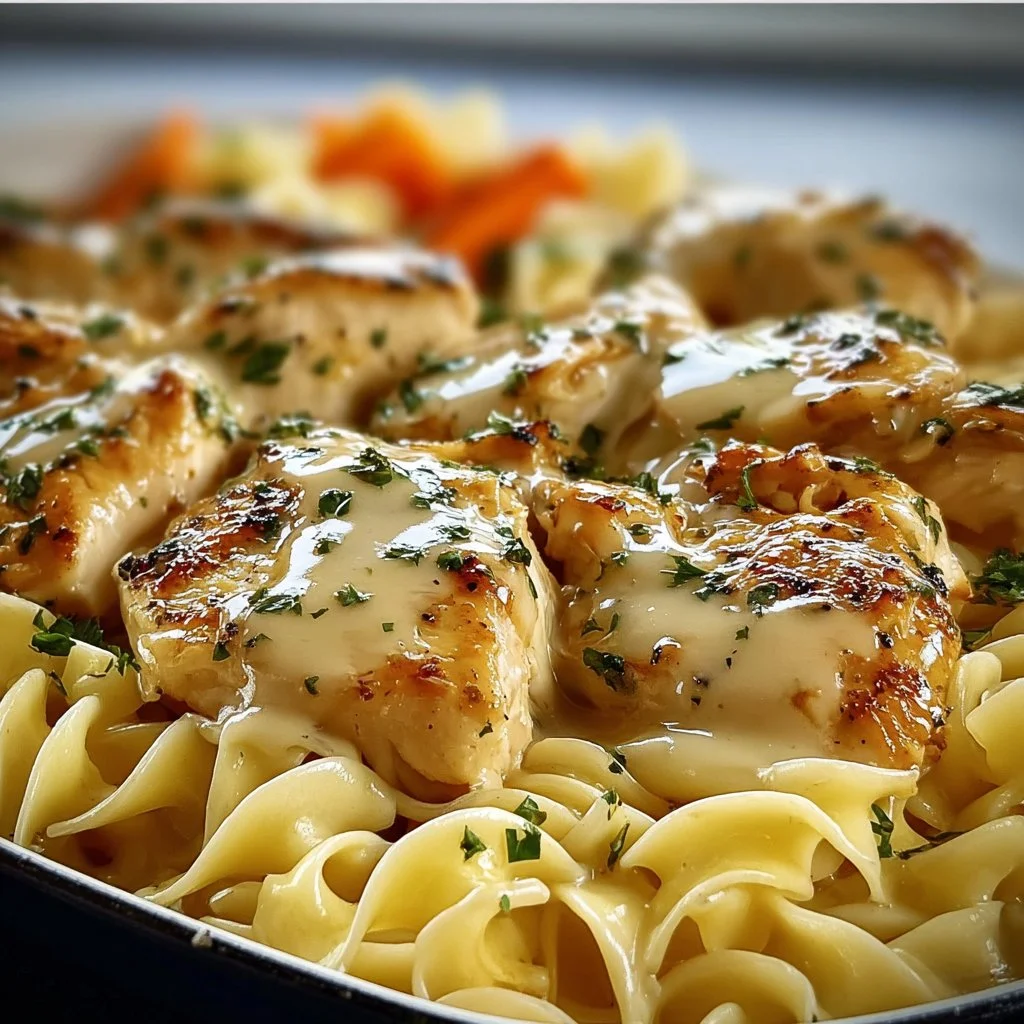 One-Pan Chicken served with buttered noodles on a plate
