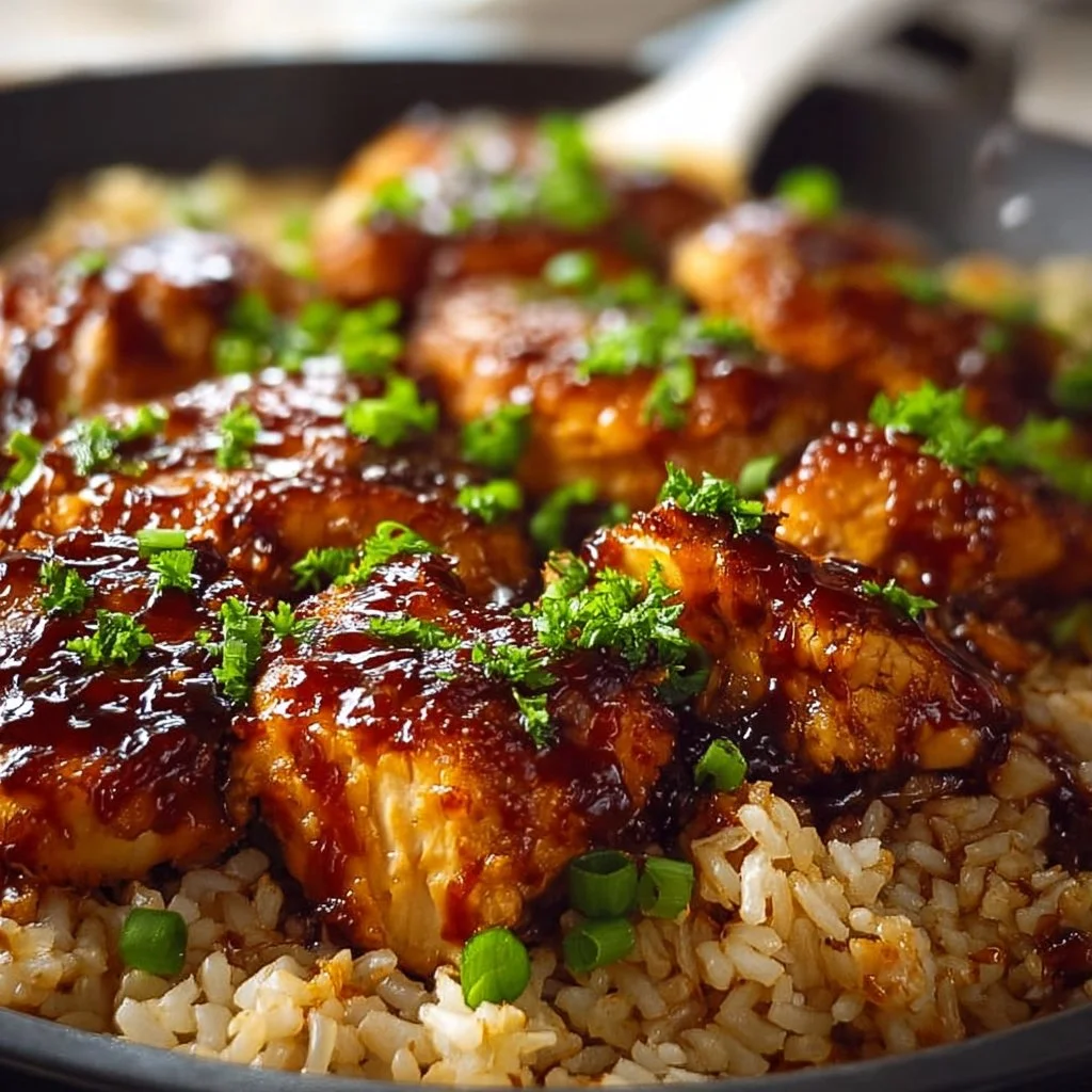One-pan honey BBQ chicken served with rice for a delicious meal.