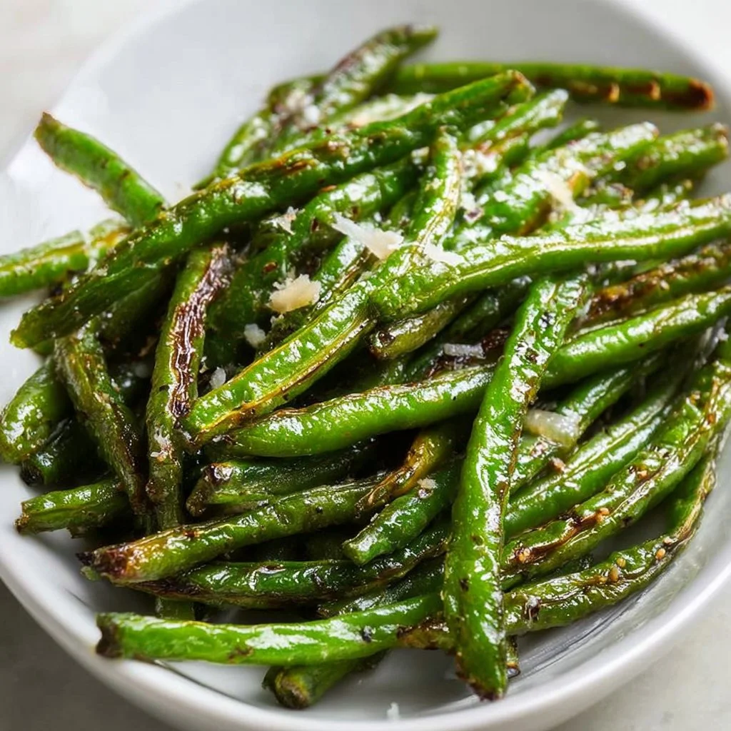 Oven-roasted green beans seasoned and ready for serving
