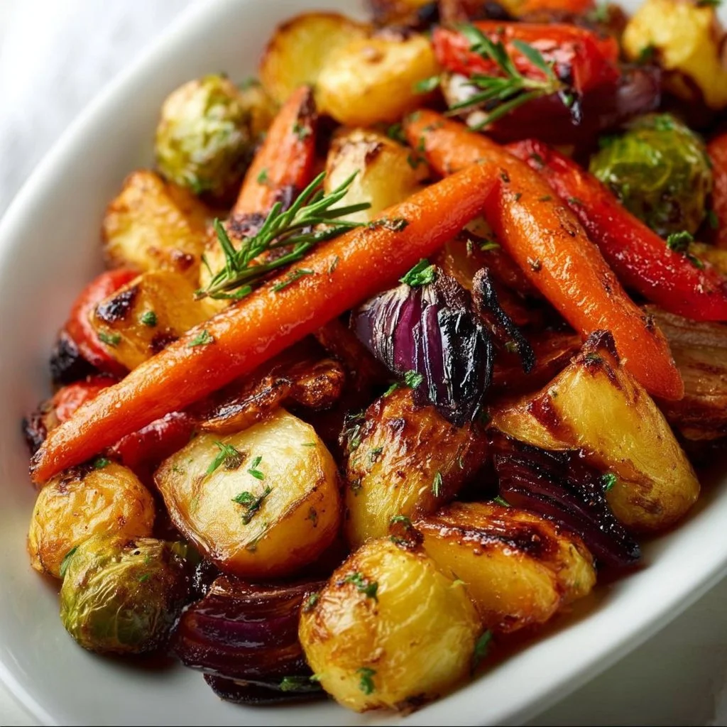 Colorful dish of oven roasted vegetables including carrots, bell peppers, and zucchini.