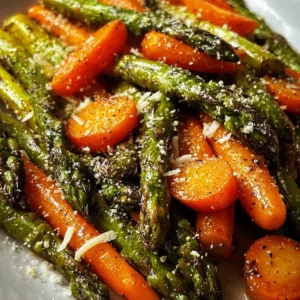 Parmesan Roasted Asparagus and Carrot Medley 4 Parmesan roasted asparagus and carrot medley on a serving platter