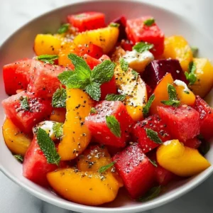 Peach and Watermelon Salad 4 Colorful Peach Watermelon Salad with mint and lime dressing