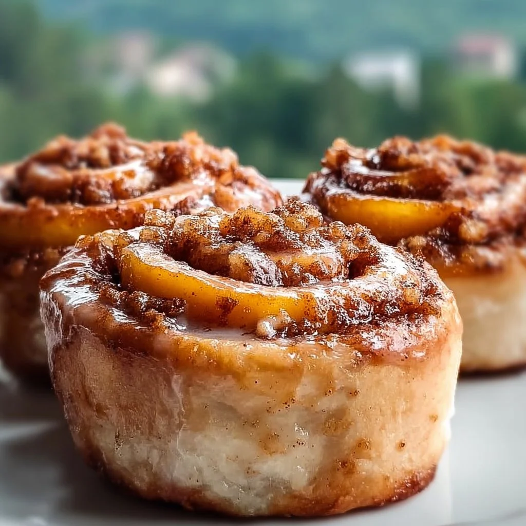 Delicious Peach Cobbler Cinnamon Rolls topped with sweet peach filling and cinnamon glaze.