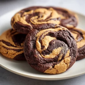 Peanut Butter Brownie Swirl Cookies 4 Peanut Butter Brownie Swirl Cookies stacked on a plate