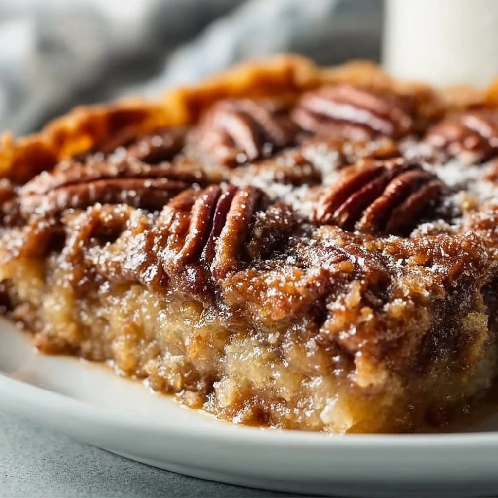 Delicious Pecan Pie Dump Cake topped with pecans and a golden crust