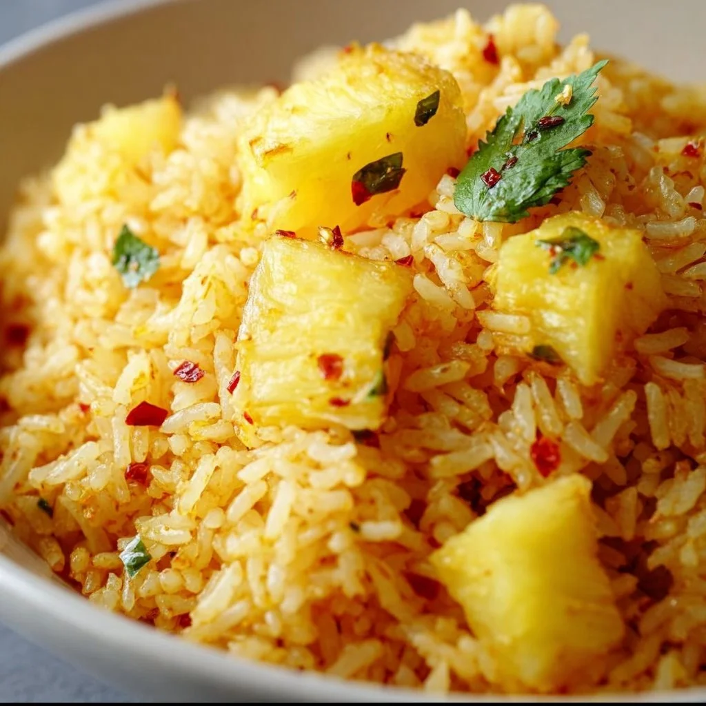 Delicious pineapple rice dish featuring colorful vegetables and fresh pineapple chunks.