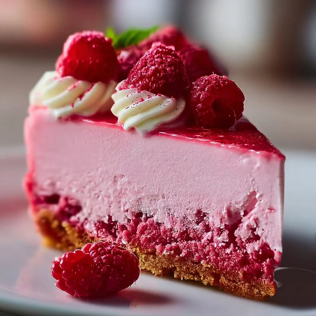 Pink Velvet Raspberry Cheesecake topped with fresh raspberries and whipped cream