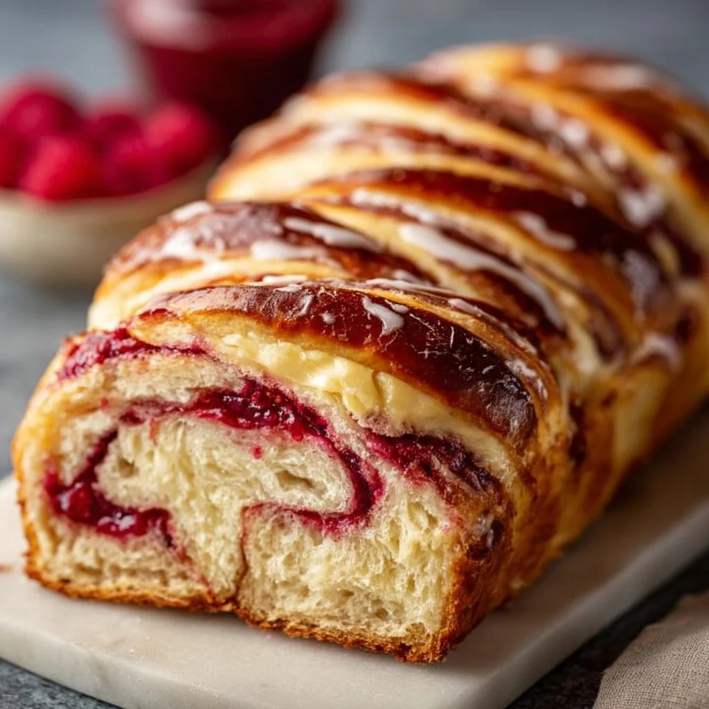 Freshly baked raspberry swirl brioche loaf with a golden crust
