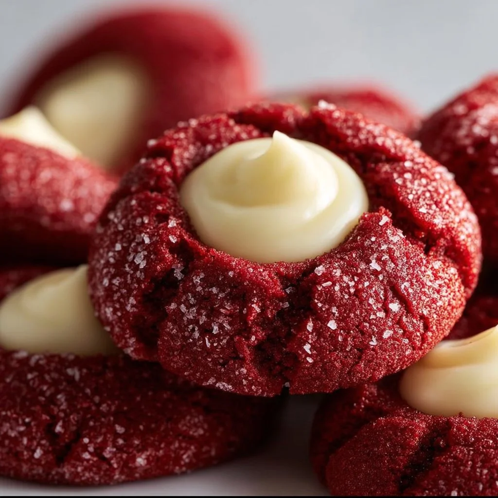 Red Velvet Cream Cheese Thumbprint Cookies on a white plate