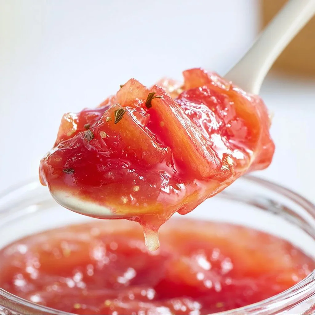 Homemade rhubarb sauce in a jar with fresh rhubarb stalks.