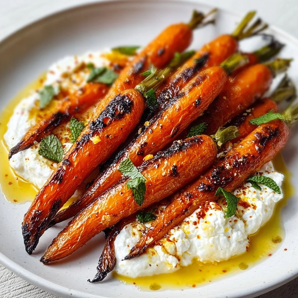 Plate of roasted carrots with whipped ricotta and hot honey drizzle