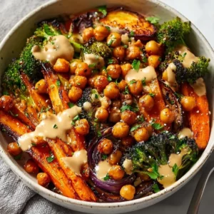 Roasted Vegetable & Chickpea Bowl 4 Healthy roasted vegetable and chickpea bowl served in a vibrant bowl