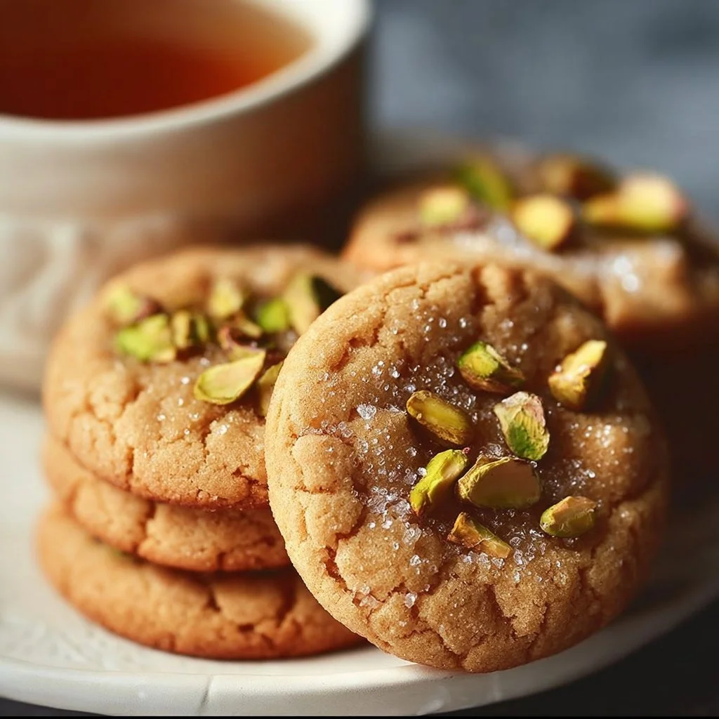Salted honey pistachio cookies on a rustic wooden table