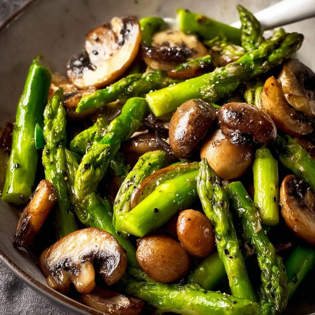 Sautéed asparagus and mushrooms dish garnished with herbs