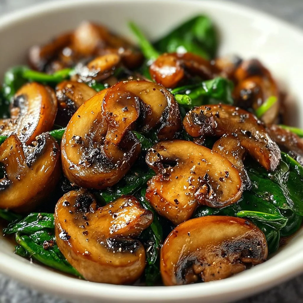 Delicious sautéed mushrooms served with fresh spinach in a colorful dish.