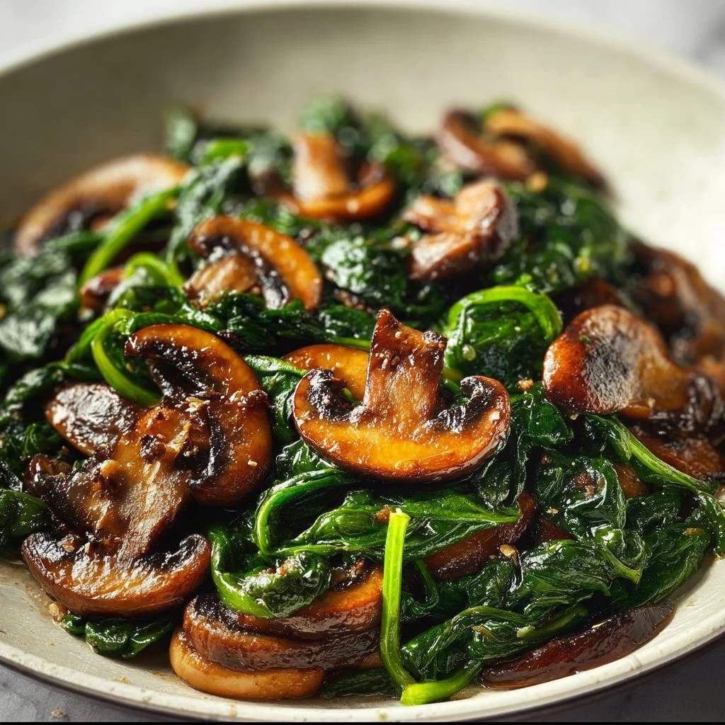 Sautéed spinach and mushrooms served in a bowl, a healthy side dish.
