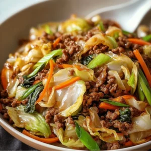 Savory Chinese Ground Beef and Cabbage Stir Fry 4 Savory Chinese ground beef and cabbage stir fry served in a bowl
