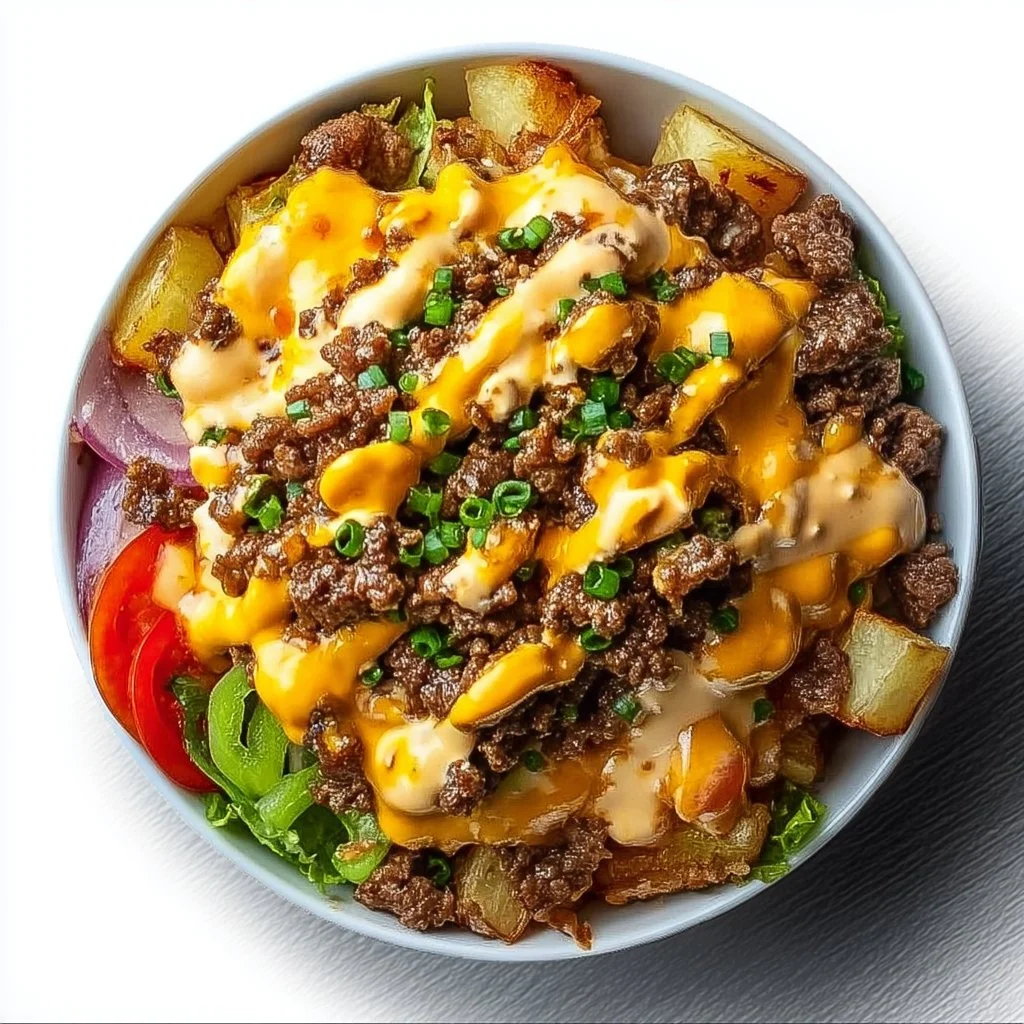 Savory Smash Burger Bowl topped with fresh ingredients and condiments