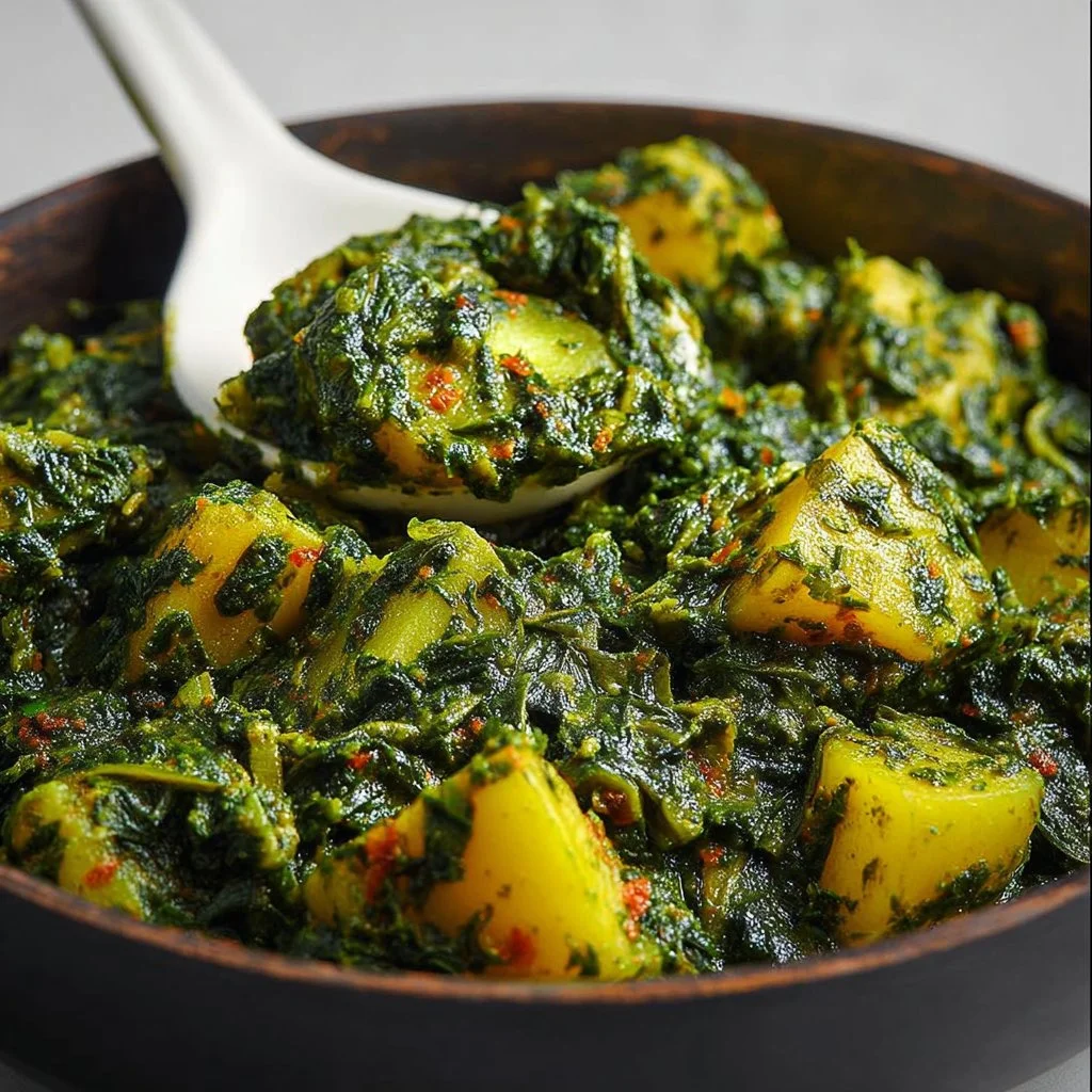 Delicious Spinach and Potato Curry served in a bowl with spices and herbs.