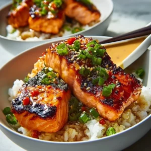 Sriracha Honey Salmon Bowls 3 Sriracha Honey Salmon Bowls topped with fresh vegetables and sauces