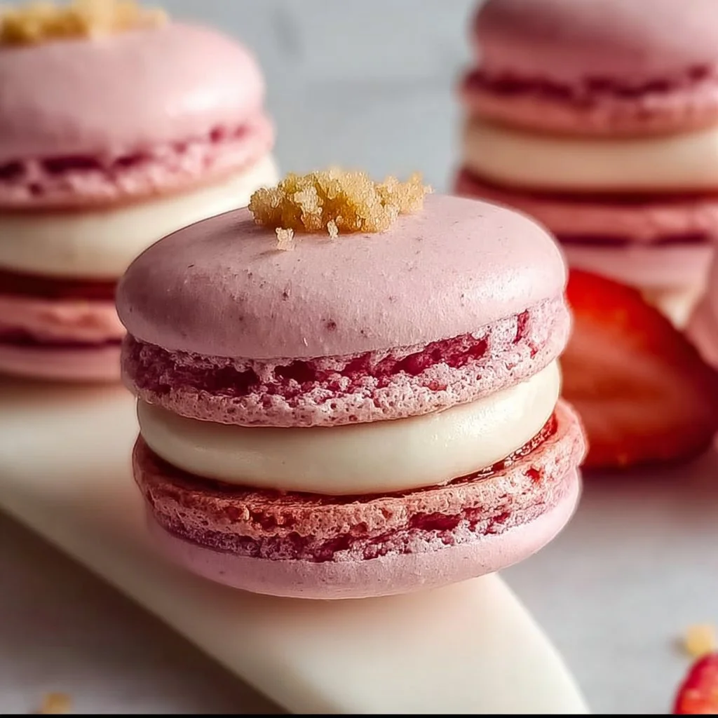 Strawberry cheesecake macarons with a creamy filling and fresh strawberries