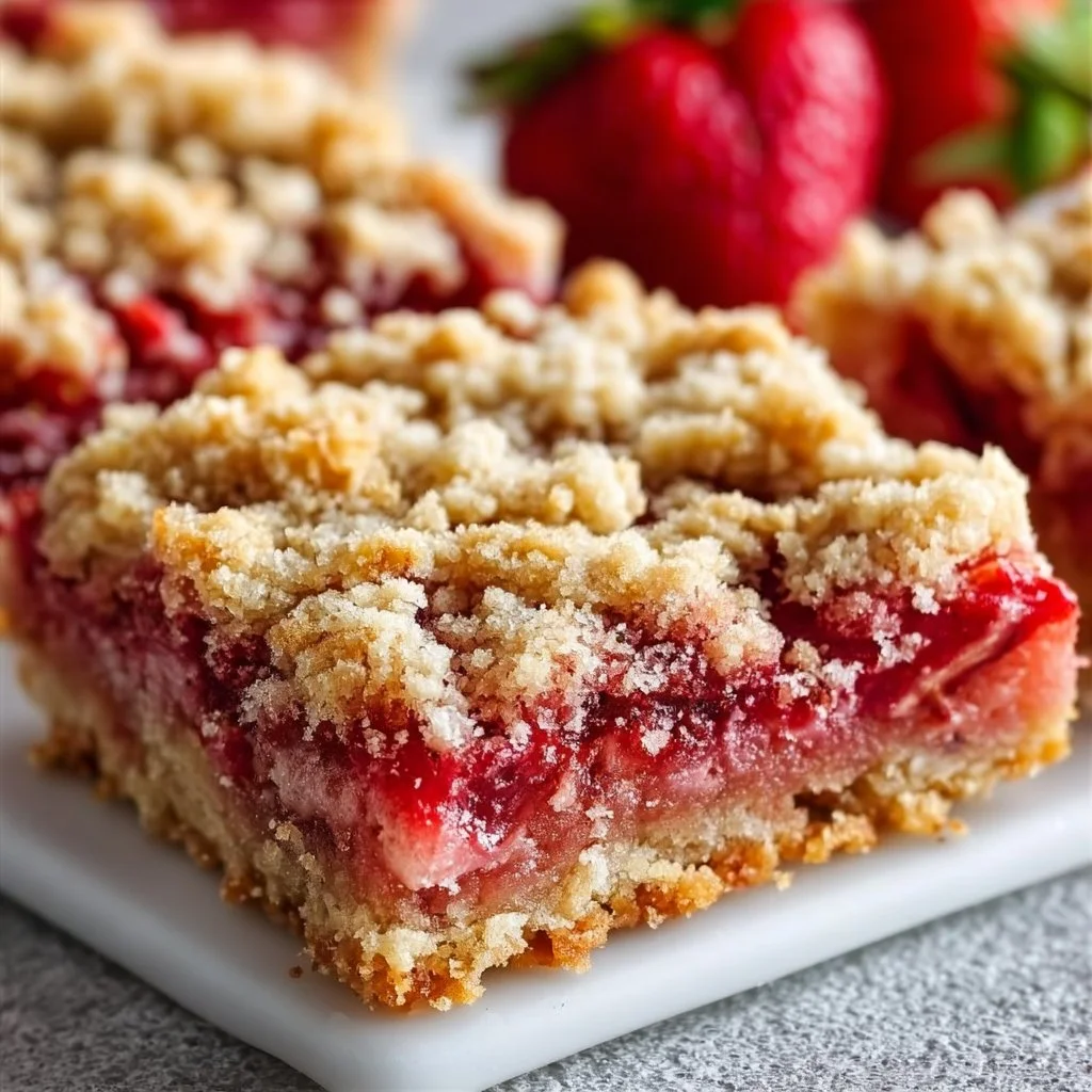 Delicious homemade strawberry rhubarb crumb bars served on a plate.