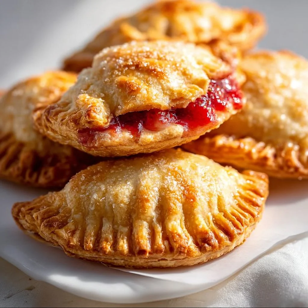 Freshly baked strawberry rhubarb hand pies on a plate