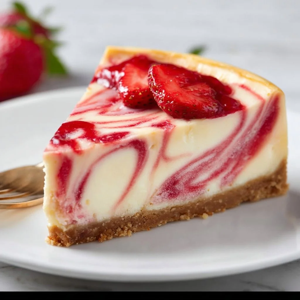 Delicious strawberry swirl cheesecake with vibrant berry toppings
