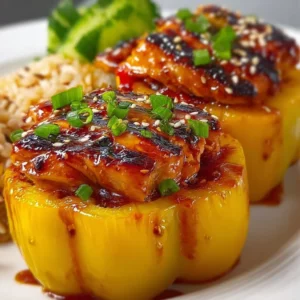 Teriyaki Pineapple Chicken & Rice Stuffed Peppers 4 Teriyaki Pineapple Chicken and Rice Stuffed Peppers on a plate