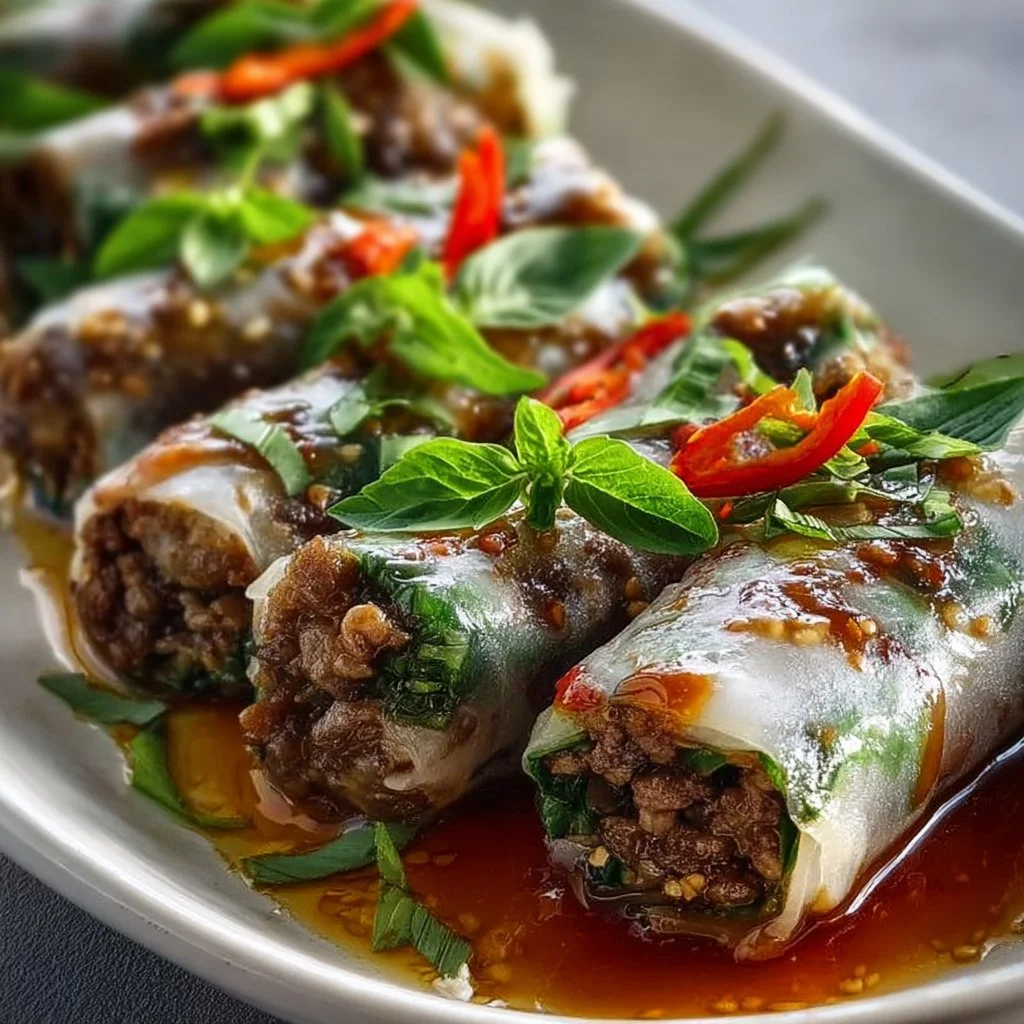 Delicious Thai Basil Beef Rolls served on a plate with fresh herbs and spices.