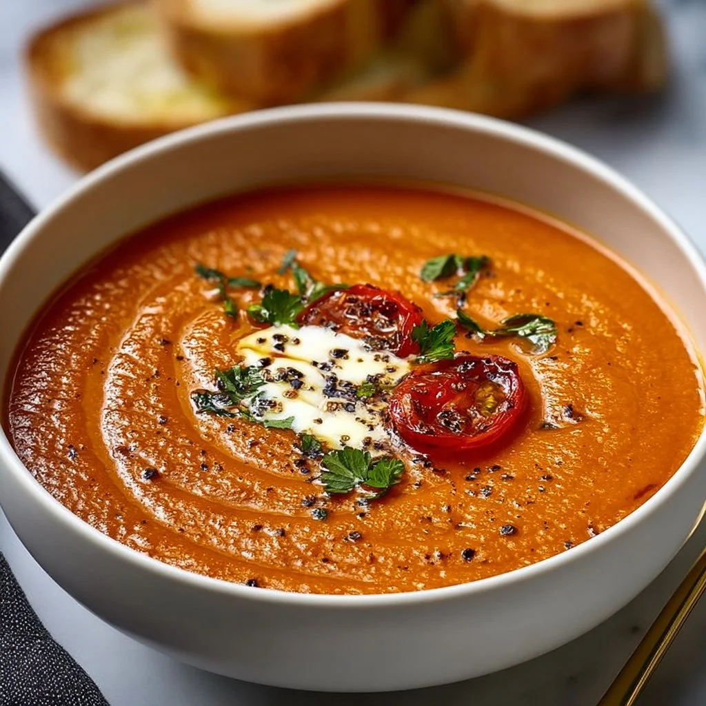 A bowl of creamy tomato soup garnished with fresh basil and croutons