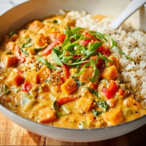Bowl of vibrant vegan curry with vegetables and spices