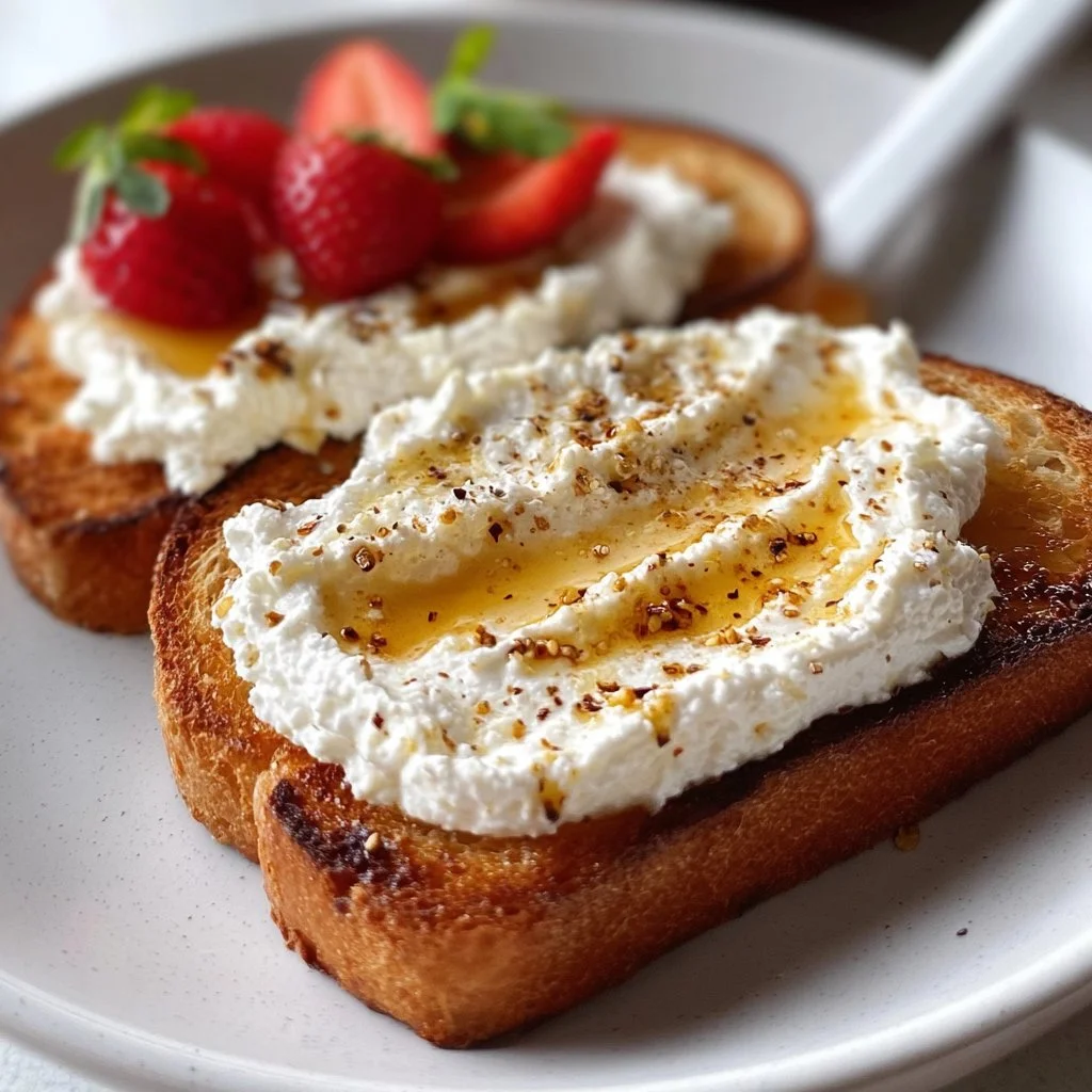 Delicious whipped ricotta honey toast topped with fresh honey and nuts