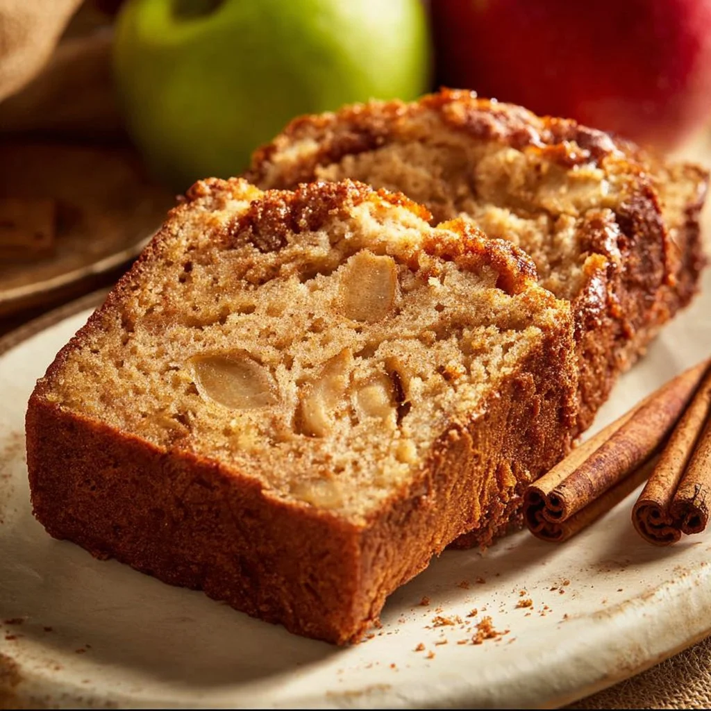 Freshly baked cinnamon apple bread with chunks of apples and a cinnamon swirl