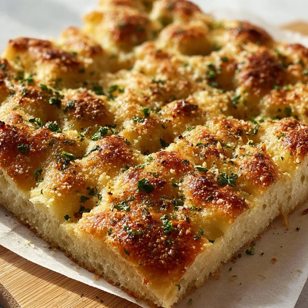 Freshly baked Garlic Parmesan Focaccia Bread, golden and delicious