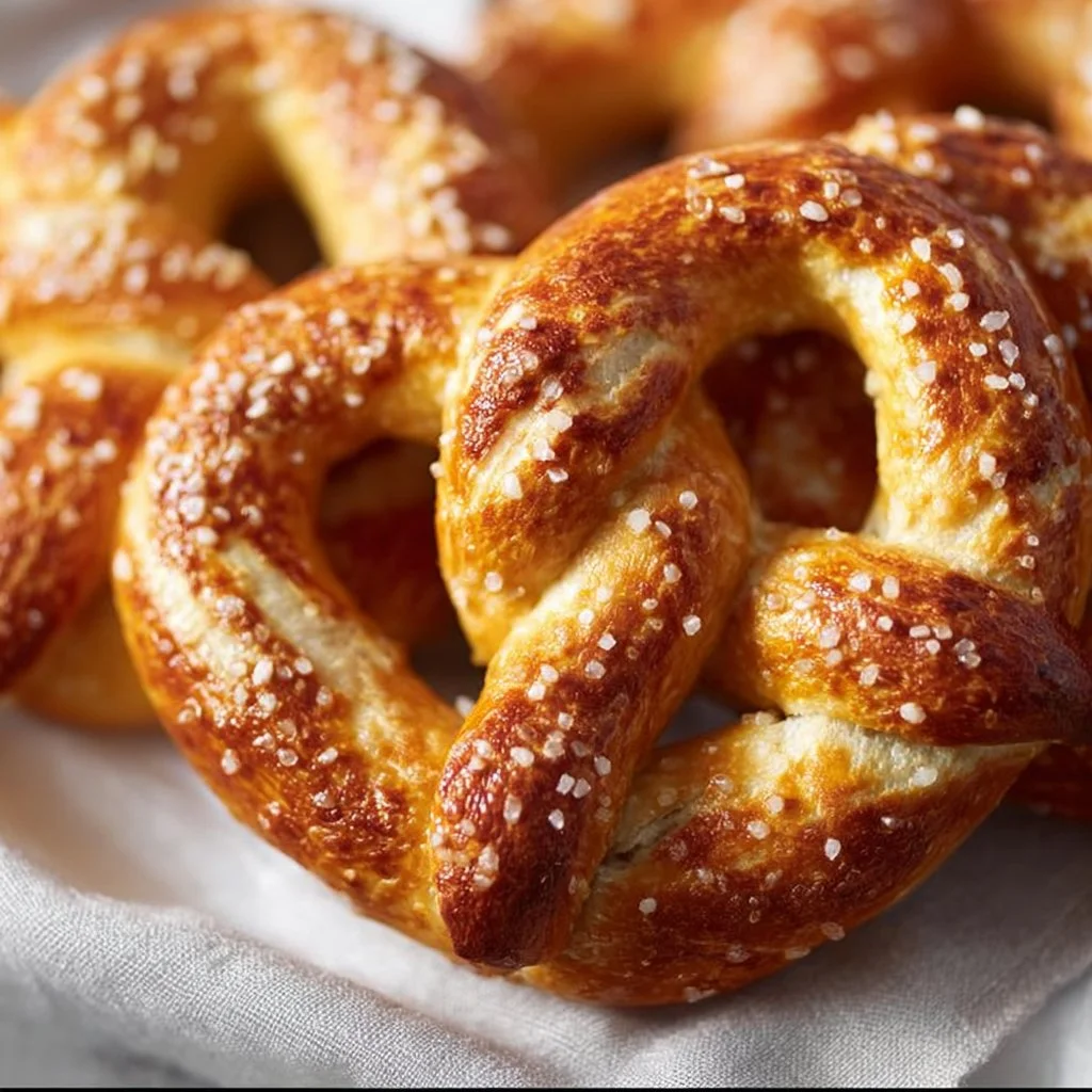 Homemade soft pretzels topped with coarse salt on a baking tray.