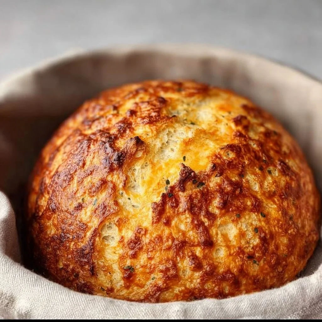 Freshly baked no knead cheddar bread in a Dutch oven
