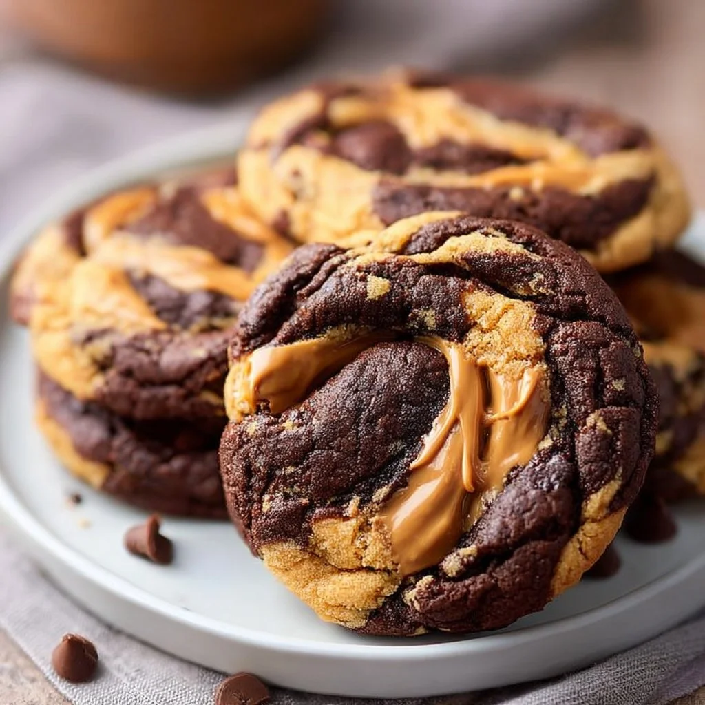 Decadent Peanut Butter Brownie Swirl Cookies stacked on a plate