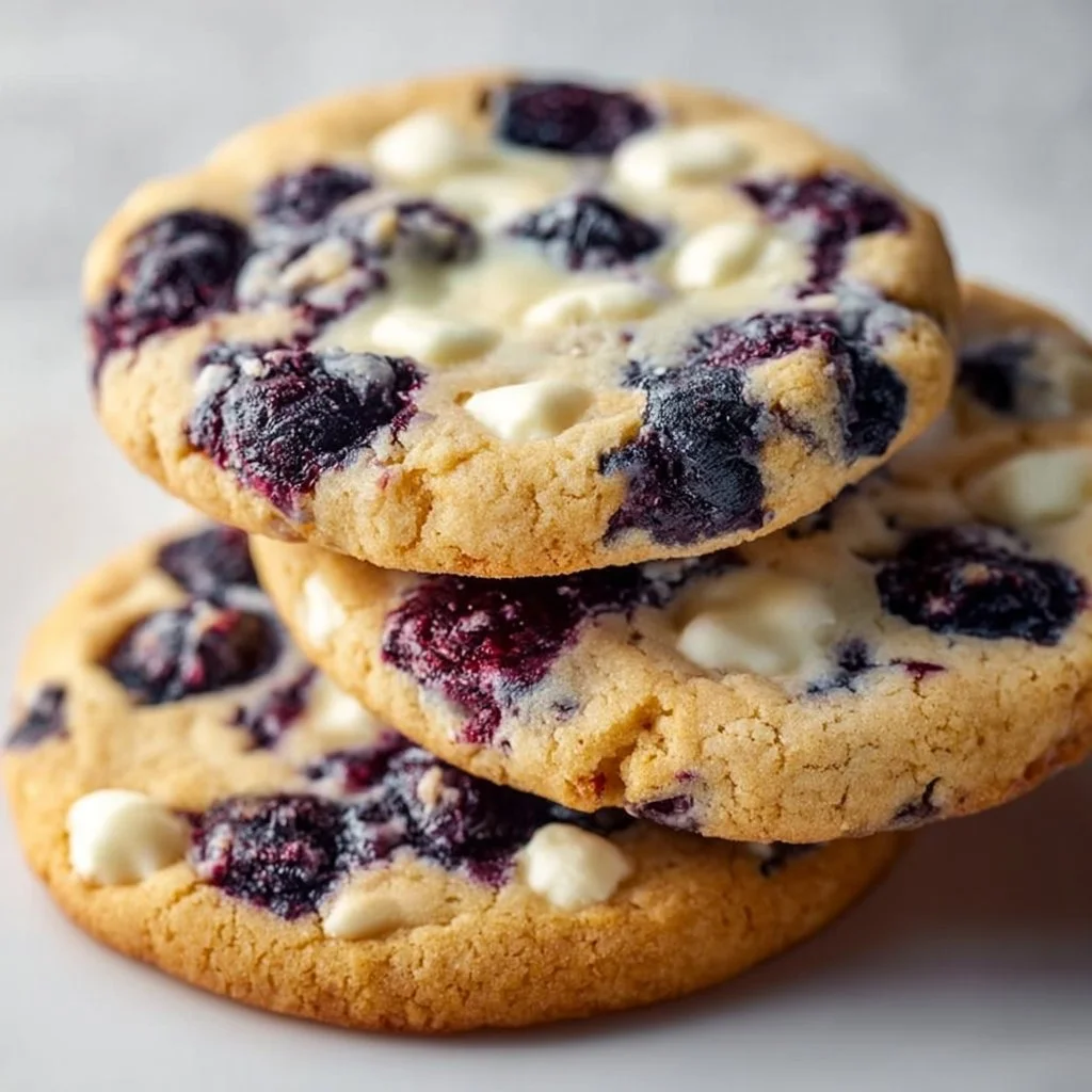 Freshly baked blueberry cheesecake cookies on a cooling rack