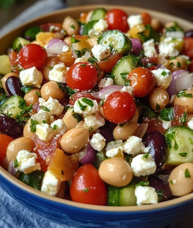 Salade de pois chiches à la grecque avec légumes frais et herbes aromatiques