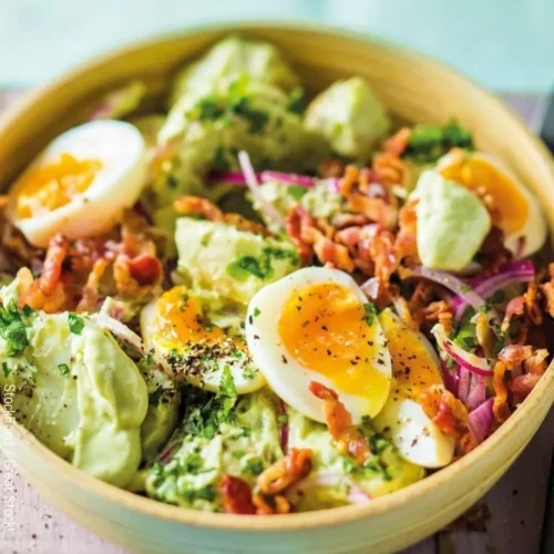 Salade de pommes de terre à la crème d'avocat 4 Salade de pommes de terre à la crème d'avocat, un plat savoureux et sain.