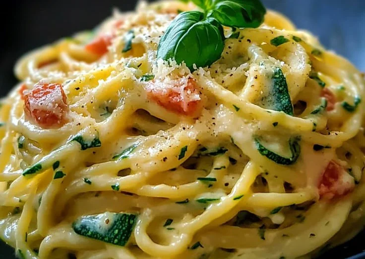 Spaghetti avec crème de courgette, plat délicieux et gourmand.